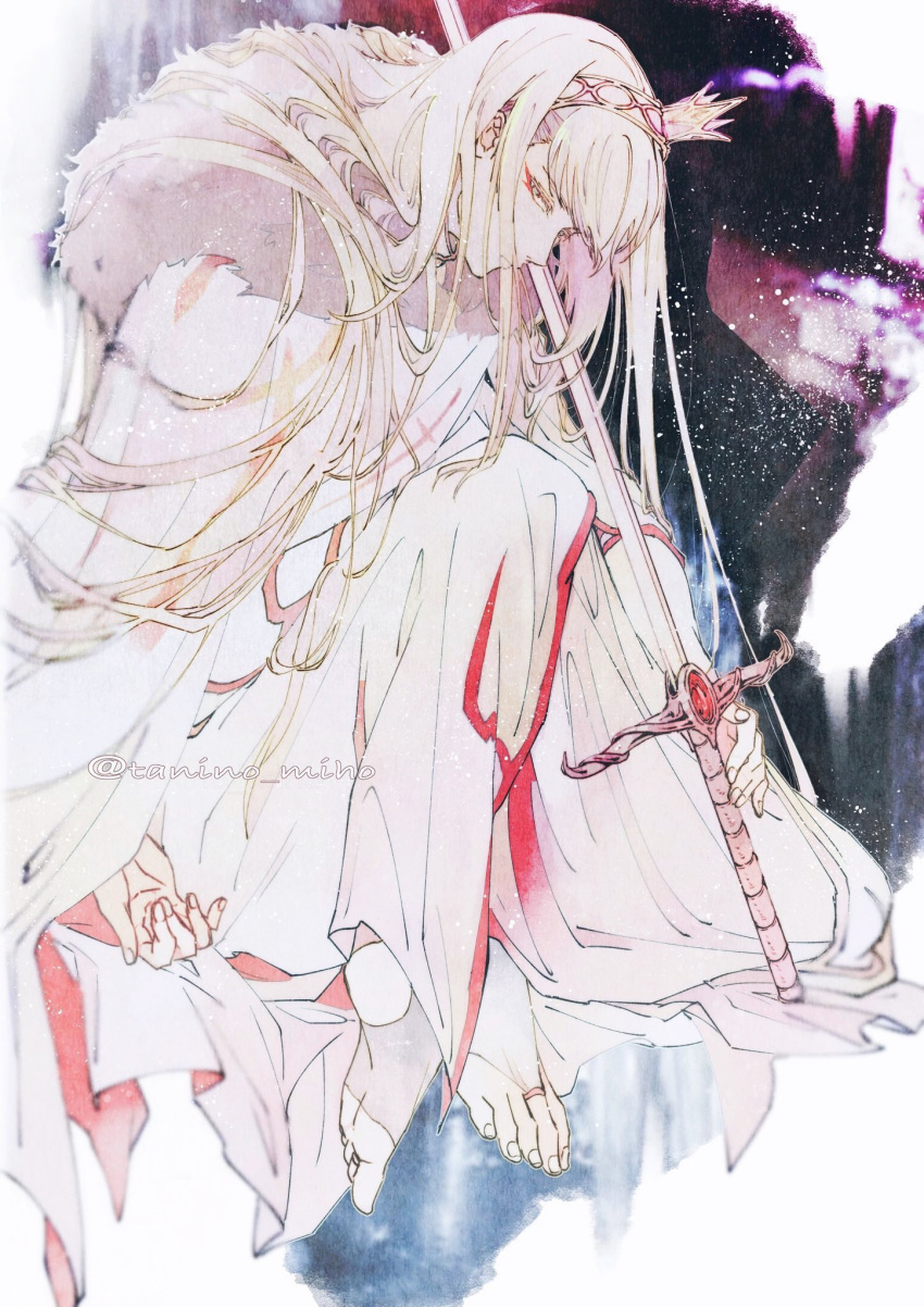 1boy, barefoot, closed_eyes, crown, facial_mark, highres, holding, holding_sword