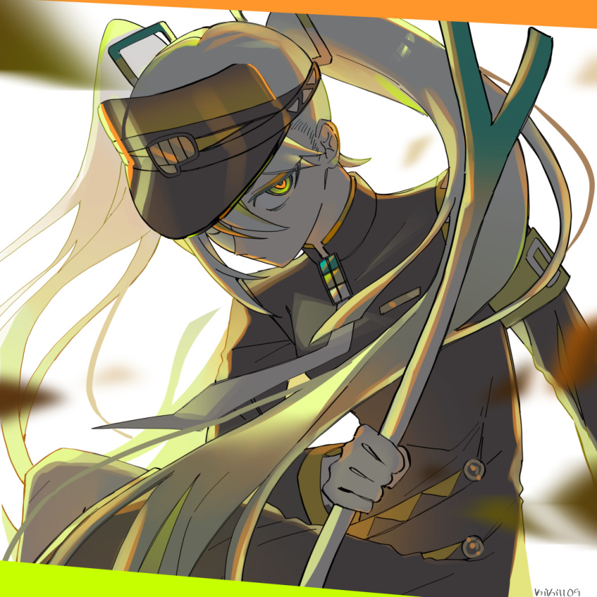 1girl, armband, black_coat, coat, eyeshadow, fighting_miku_(project_voltage), food, gloves, green_armband, hatsune_miku, holding, holding_food, holding_spring_onion, holding_vegetable, kiki1109, long_hair, long_sleeves, looking_at_viewer, makeup, multicolored_eyes, necktie, orange_eyeshadow, orange_trim, pokemon, project_voltage, spring_onion, twintails, vegetable, very_long_hair, visor_cap, vocaloid, white_gloves, white_hair, white_necktie