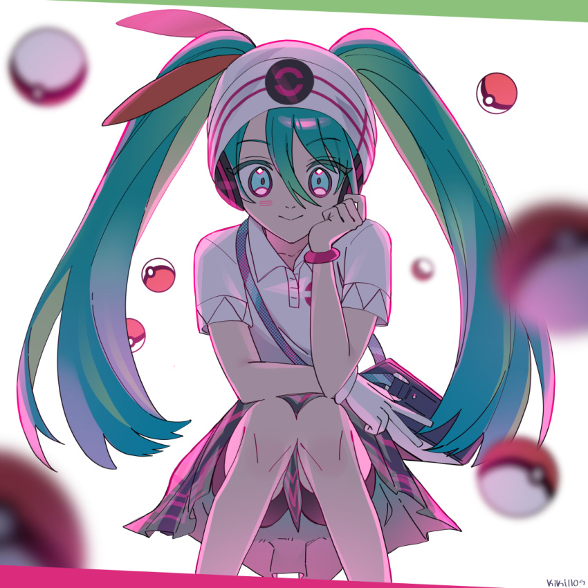 1girl, aqua_eyes, aqua_hair, bag, beanie, bike_shorts, collared_shirt, gloves