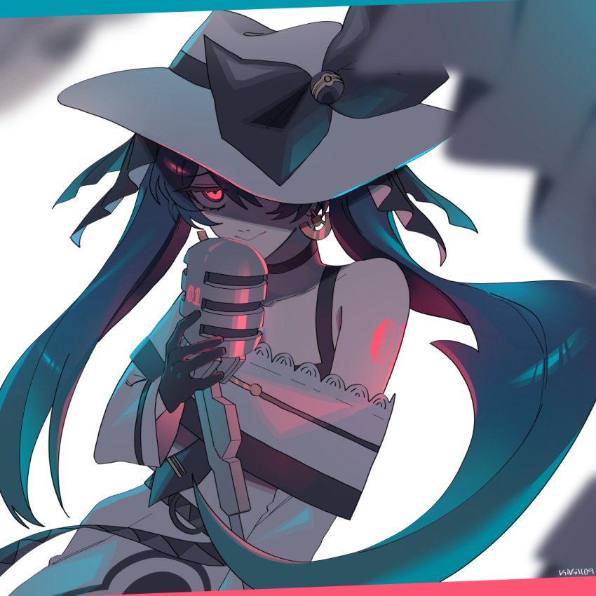 1girl, black_bow, black_choker, black_gloves, bow, choker, dark_miku_(project_voltage), earrings