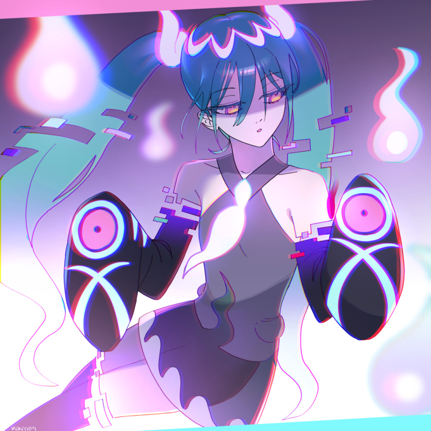 1girl, aqua_hair, black_thighhighs, detached_sleeves, ghost, ghost_miku_(project_voltage), glitch, grey_shirt