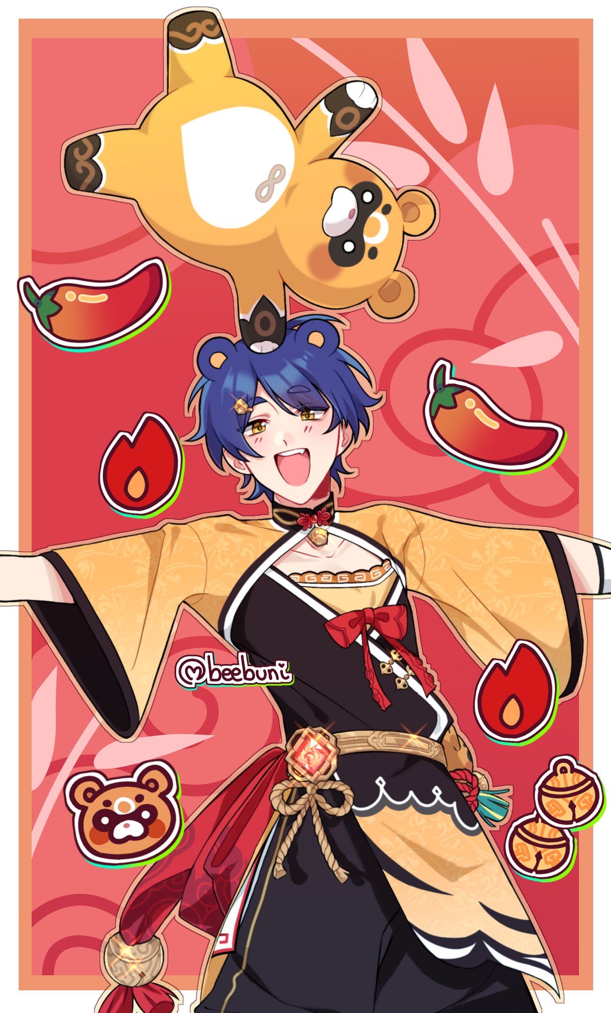 1boy, animal_ears, bear_ears, beebunii, bell, blue_hair, bow, bowtie