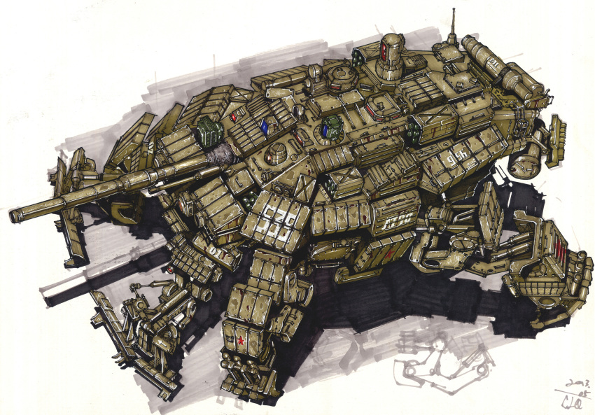 absurdres, cannon, chenlongque, concept_art, english_commentary, hatch, highres, machinery