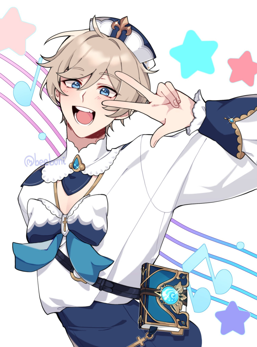 1boy, barbara_(genshin_impact), beebunii, blonde_hair, blue_bow, blue_bowtie, blue_eyes, bow
