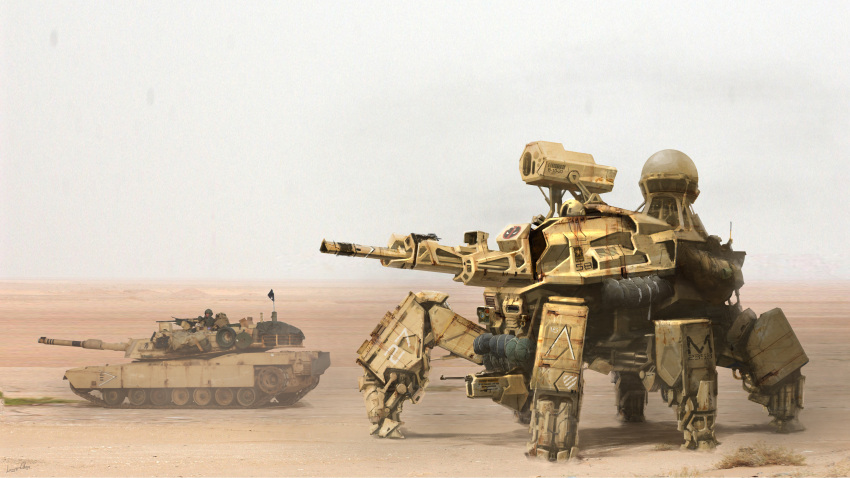 1boy, absurdres, cannon, chenlongque, concept_art, desert, english_commentary, gun
