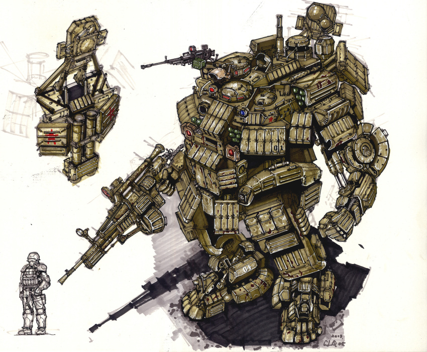 1boy, body_armor, chenlongque, comparison, concept_art, english_commentary, gun, hatch