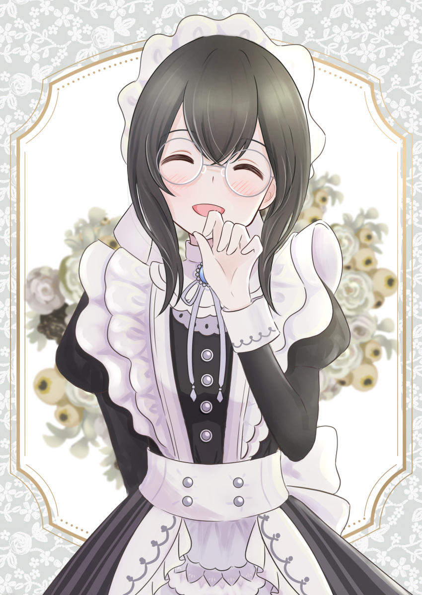 1girl, absurdres, alternate_costume, bespectacled, black_hair, blush, closed_eyes, commentary