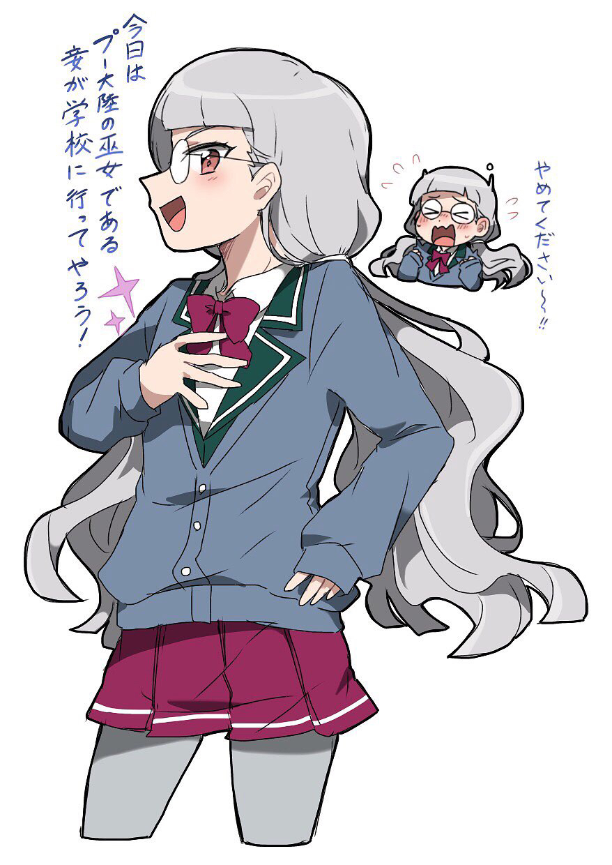 >_<, 1girl, blunt_bangs, blush, bow, bowtie, cardigan, chibi