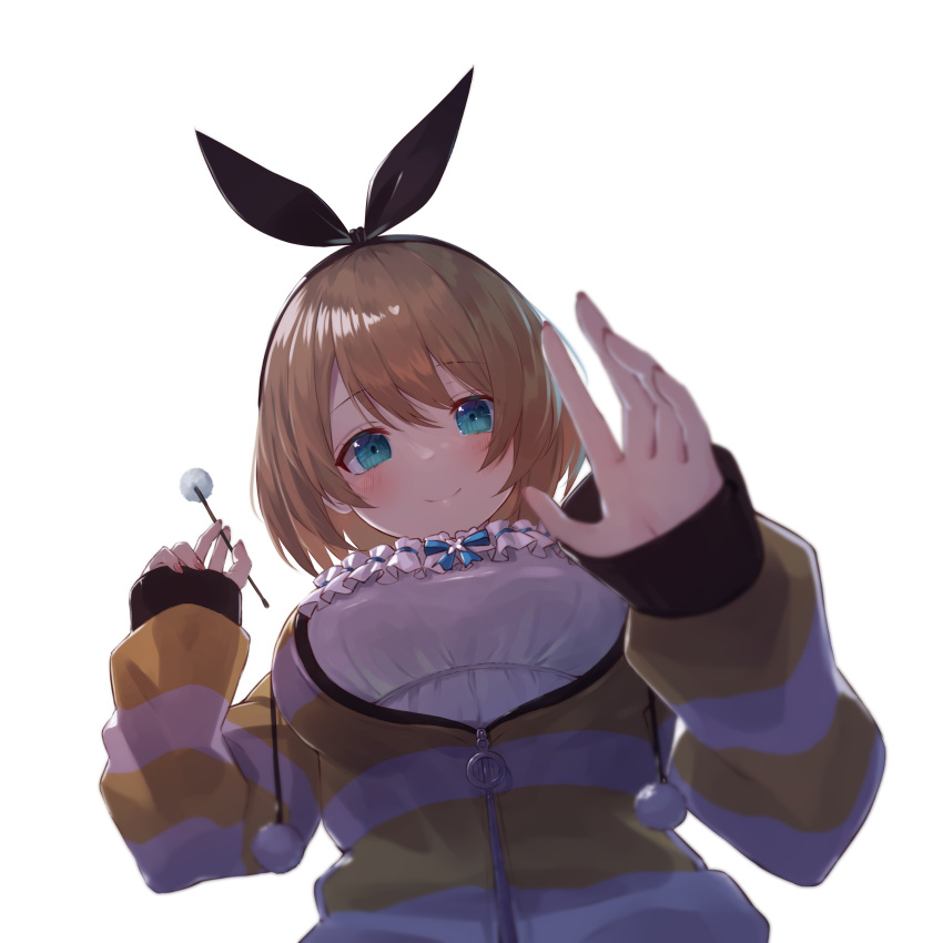 1girl, absurdres, aogiri_koukou, black_ribbon, blue_bow, blue_eyes, blurry, blurry_foreground