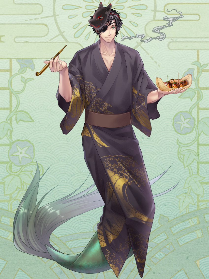 1boy, black_kimono, dairoku_ryouhei, eyepatch, facial_hair, food, fox_mask, full_body