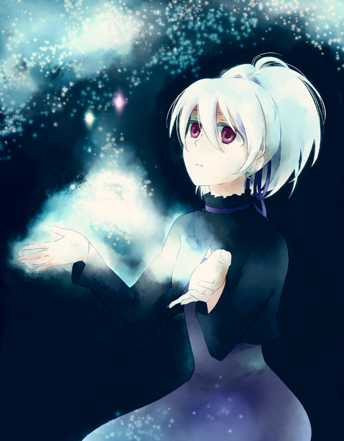 dress, hair_ribbon, looking_up, na_ma, ponytail, purple_eyes, ribbon, silver_hair, solo, star, violet_eyes, white_hair, yin