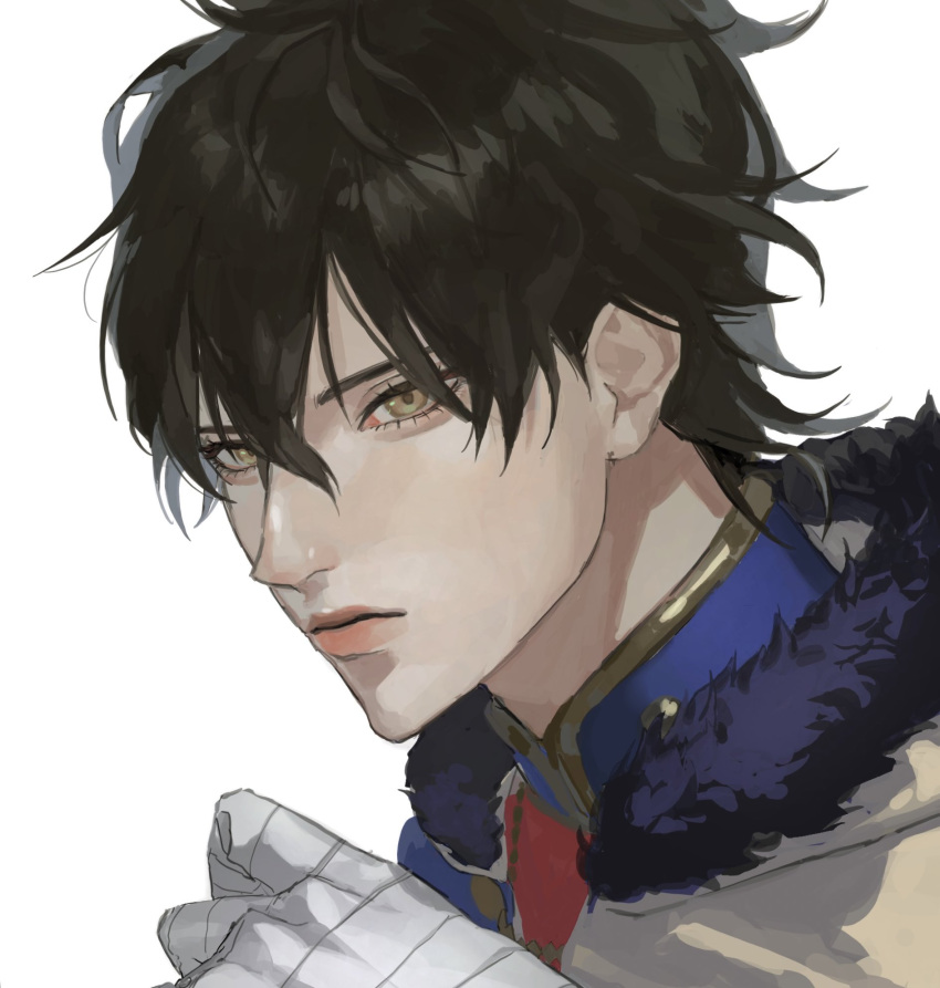 1boy, bandaged_hand, bandages, black_clover, black_hair, capelet, closed_mouth, collared_shirt