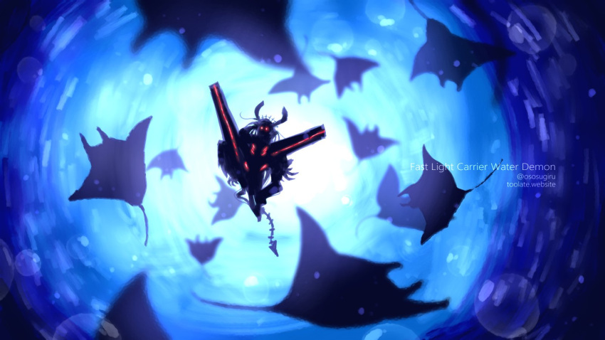 1girl, abyssal_ship, character_name, claws, english_text, fast_light_carrier_water_demon, glowing, glowing_eyes, highres, horns, kantai_collection, long_hair, manta_ray, oso_(toolate), red_eyes, solo, tail, twitter_username, underwater, water, web_address