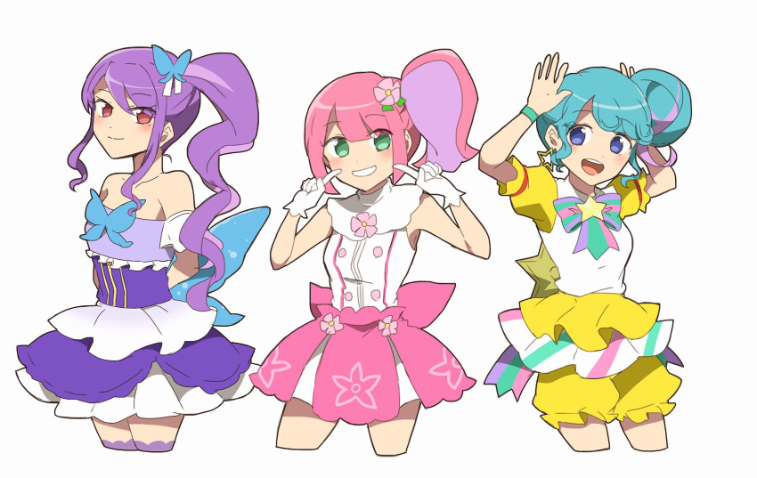 3girls, :d, arms_behind_back, arms_up, bare_shoulders, blue_eyes, blue_hair, blush