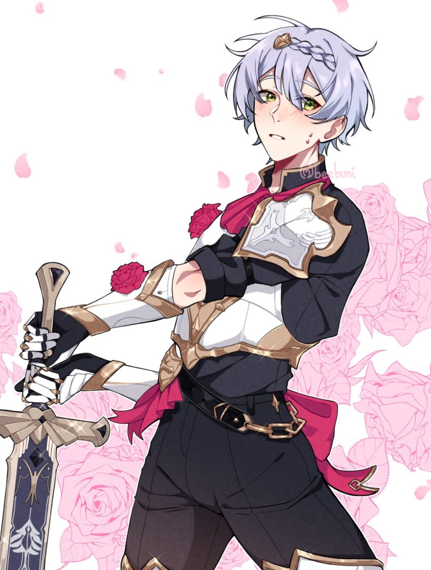 1boy, armor, beebunii, black_gloves, black_pants, braid, claymore_(sword), detached_sleeves