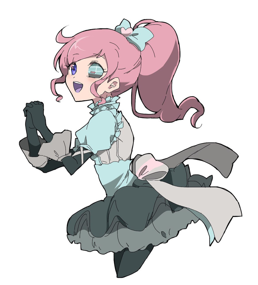 1girl, :d, black_gloves, black_pantyhose, blue_bow, blue_eyes, blue_sclera, bow