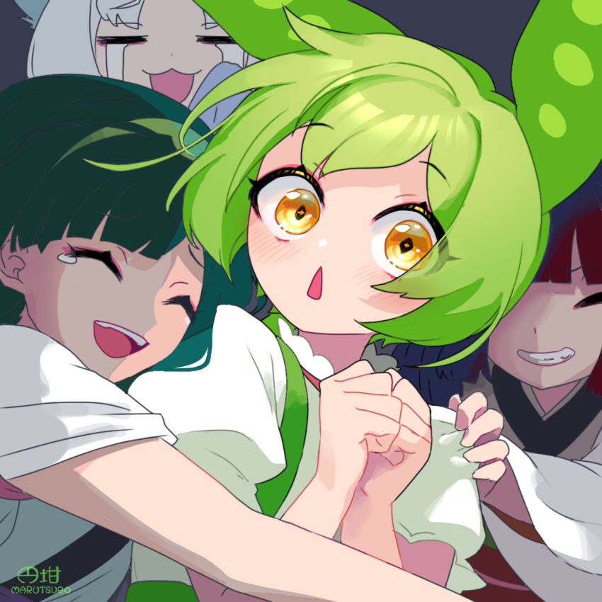 4girls, :3, =_=, blush, brown_hair, clenched_hands, closed_eyes, commentary_request