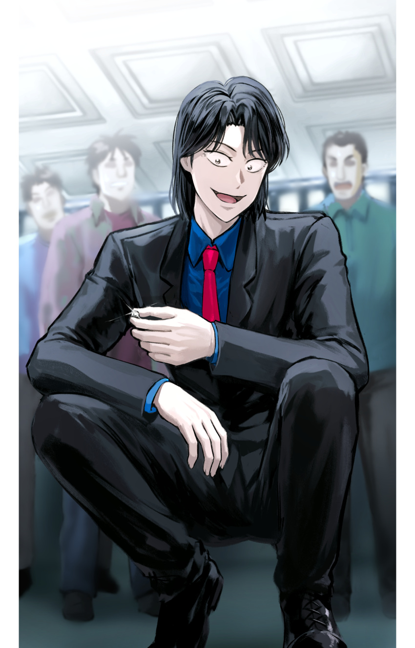 4boys, ball, black_eyes, black_footwear, black_hair, black_jacket, black_pants, blazer