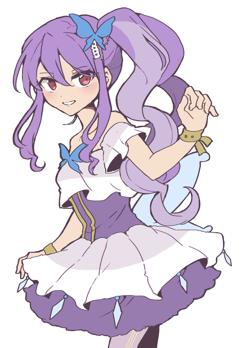 1girl, bare_shoulders, blush, bracelet, butterfly_hair_ornament, commentary_request, cowboy_shot, dress