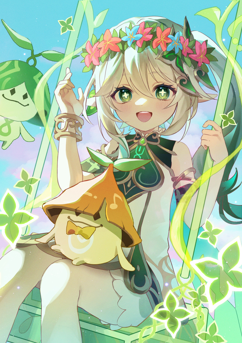1girl, :d, absurdres, aranara_(genshin_impact), armlet, bloomers, blue_flower, blue_sky, blush, bow, bowtie, bracelet, clouds, commentary_request, cross-shaped_pupils, day, detached_sleeves, dress, eyelashes, flower, flower_wreath, gem, genshin_impact, gold_trim, gradient_hair, green_dress, green_eyes, green_gemstone, green_hair, green_sleeves, hair_between_eyes, hair_ornament, hands_up, head_wreath, highres, jewelry, ki_1315, leaf_hair_ornament, long_hair, looking_at_viewer, multicolored_hair, nahida_(genshin_impact), open_mouth, outdoors, pink_flower, plant, pointy_ears, ponytail, short_sleeves, side_ponytail, sidelocks, sitting, sitting_on_lap, sitting_on_person, sky, sleeveless, sleeveless_dress, smile, streaked_hair, swing, symbol-shaped_pupils, teeth, upper_teeth_only, vines, white_bloomers, white_dress, white_hair, yellow_bow, yellow_bowtie