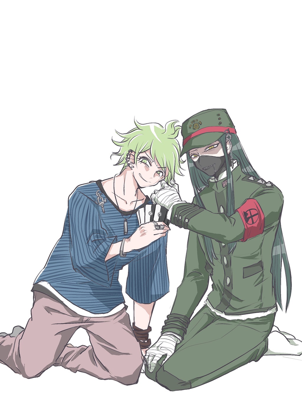 2boys, amami_rantaro, armband, bandaged_hand, bandages, brown_pants, card, collarbone