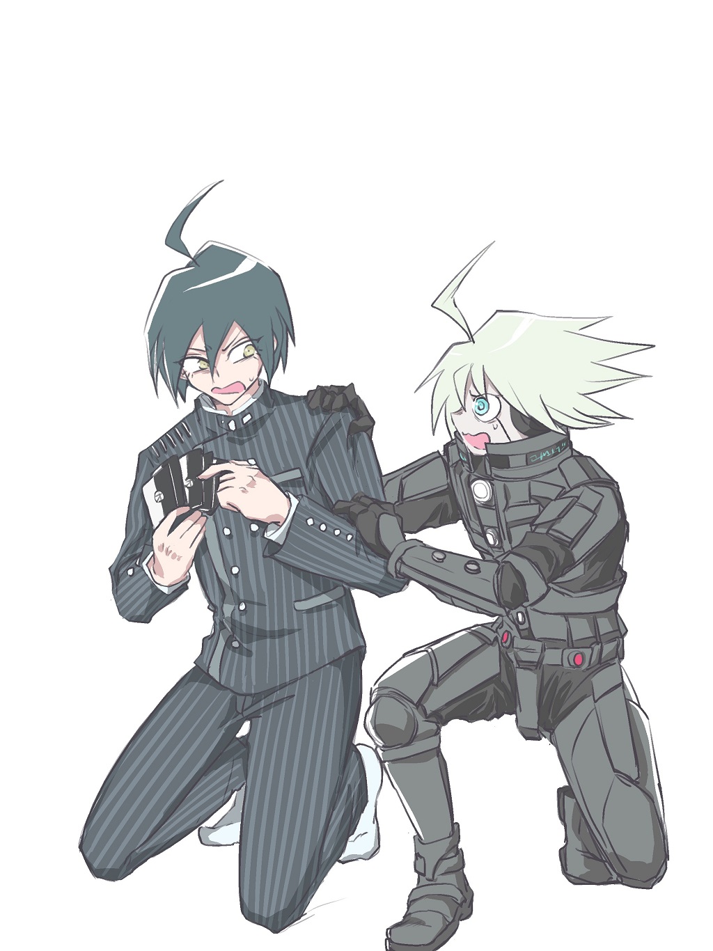 2boys, ahoge, android, black_gloves, black_hair, black_jacket, brown_eyes, buttons, card, d:, danganronpa_(series), danganronpa_v3:_killing_harmony, double-breasted, gloves, grey_eyes, headphones, highres, holding, holding_card, jacket, k1-b0, male_focus, multiple_boys, no_shoes, on_one_knee, pants, playing_card, power_armor, saihara_shuichi, shachoo_(poco_poco), socks, spiky_hair, striped, striped_jacket, striped_pants, white_hair, white_socks