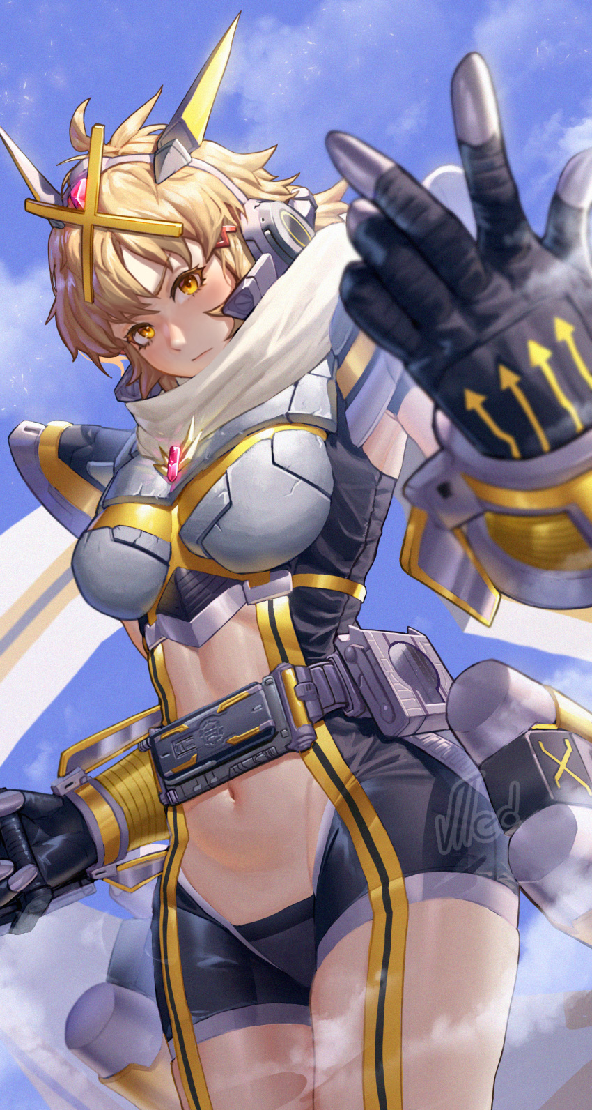 1girl, absurdres, belt, bike_shorts, black_gloves, blonde_hair, blue_sky, breasts, cloud, cowboy_shot, crossover, elbow_gloves, gloves, hair_ornament, hairclip, headgear, highres, kamen_rider, kamen_rider_kaixa, looking_at_viewer, medium_breasts, midriff, navel, orewajedman, scarf, senki_zesshou_symphogear, senki_zesshou_symphogear_xd_unlimited, short_hair, sky, solo, standing, tachibana_hibiki_(symphogear), yellow_eyes