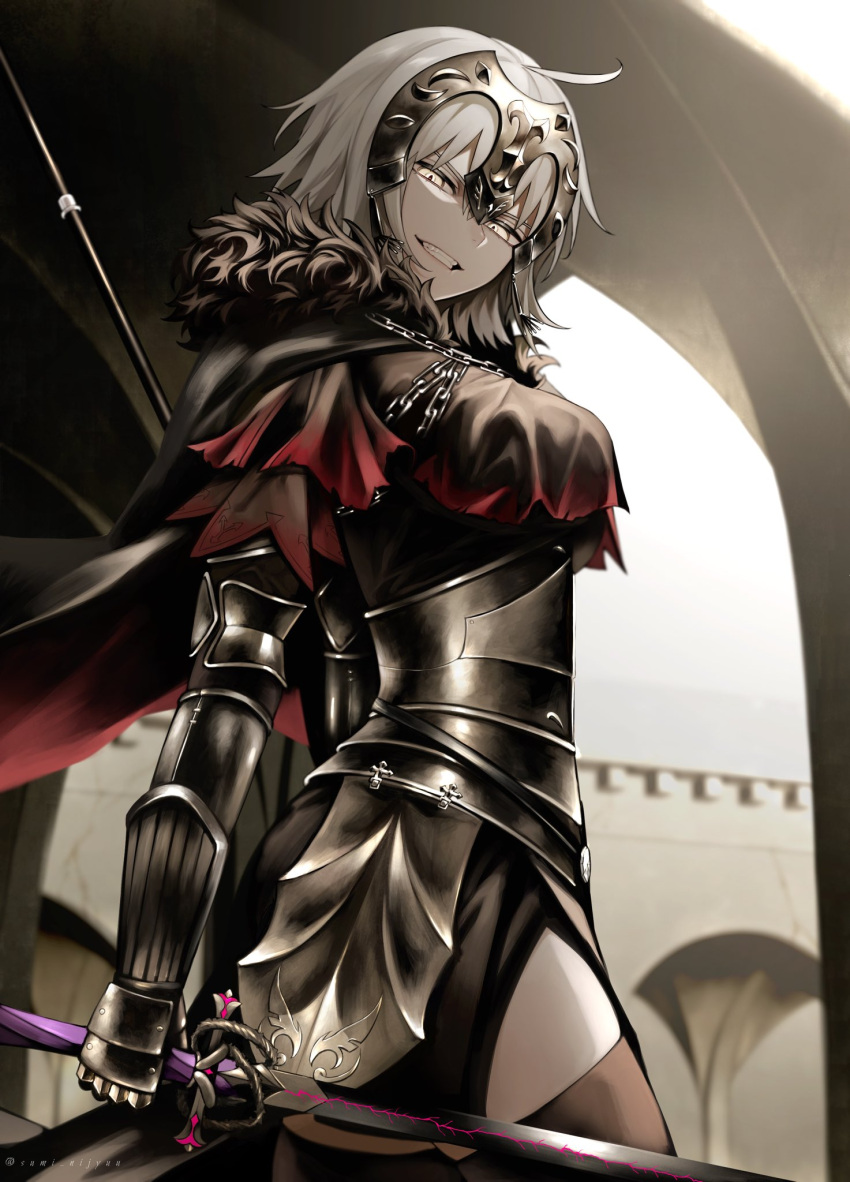 1girl, ahoge, armor, armored_dress, chain, evil_grin, evil_smile, fate/grand_order, fate_(series), faulds, flag, fur_trim, gauntlets, grey_hair, grin, headpiece, highres, holding, holding_flag, holding_sword, holding_weapon, jeanne_d'arc_(fate), jeanne_d'arc_alter_(avenger)_(fate), jeanne_d'arc_alter_(fate), plackart, smile, solo, sumi_(gfgf_045), sword, teeth, thigh-highs, weapon, yellow_eyes