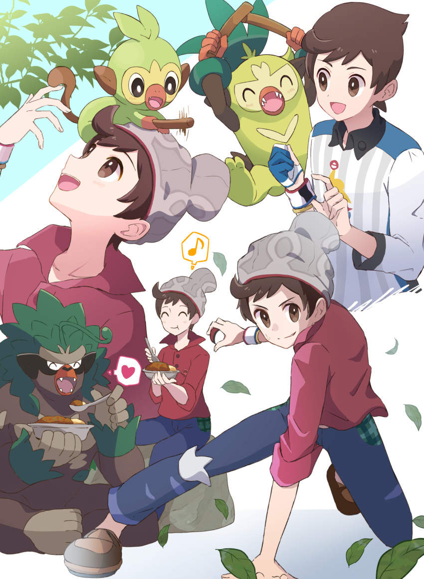 1boy, :d, brown_eyes, brown_hair, collared_shirt, commentary_request, curry, dynamax_band