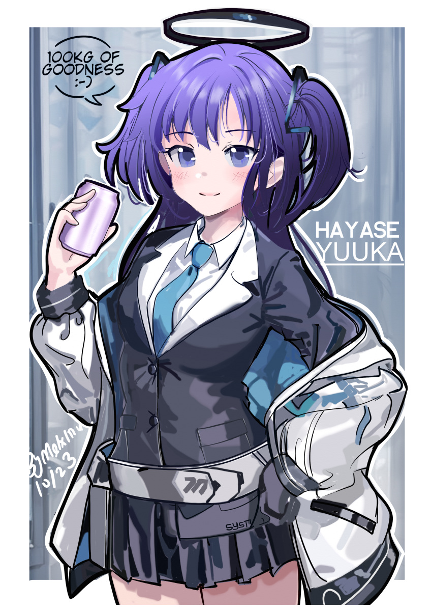 1girl, absurdres, belt, black_jacket, blue_archive, blue_necktie, breasts, can