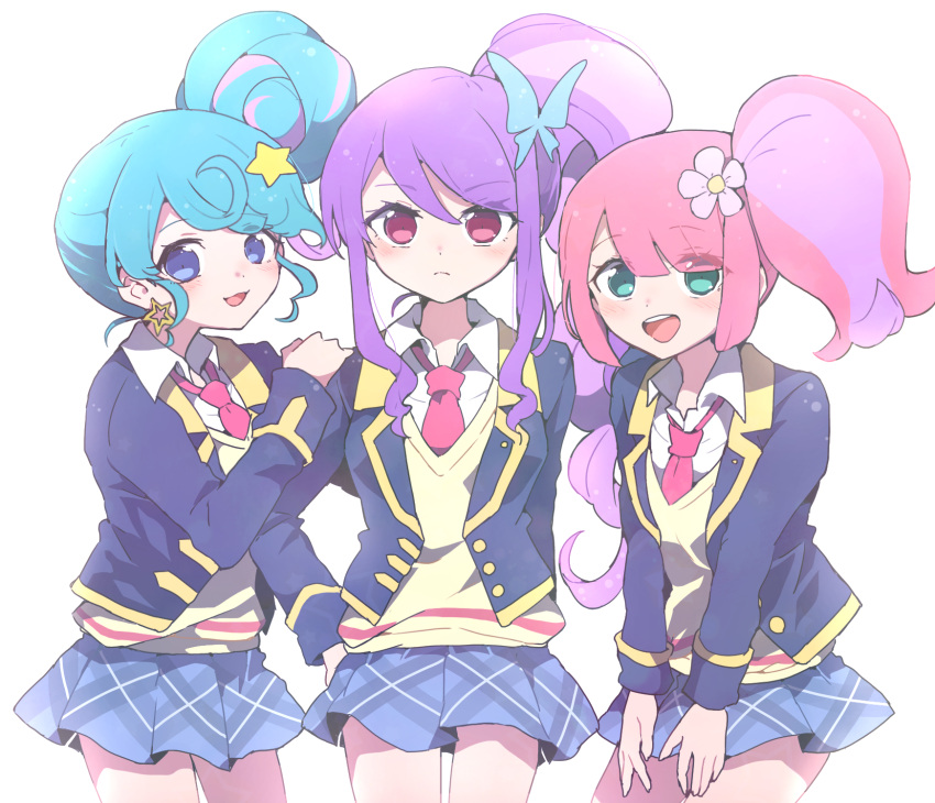 3girls, :d, arm_behind_back, blue_eyes, blue_hair, blue_jacket, blue_skirt, blush, butterfly_hair_ornament, closed_mouth, collared_shirt, commentary_request, cowboy_shot, cropped_jacket, earrings, flower, frown, green_eyes, hair_flower, hair_ornament, hand_on_another's_shoulder, hand_on_own_hip, hand_up, highres, jacket, jewelry, junon_(pripara), kanon_(pripara), long_hair, long_sleeves, looking_at_viewer, multicolored_hair, multiple_girls, multiple_persona, necktie, nojima_minami, open_mouth, paprika_private_academy_school_uniform, pink_eyes, pink_hair, pink_necktie, pinon_(pripara), pleated_skirt, pretty_(series), pripara, purple_hair, school_uniform, shirt, side_ponytail, sidelocks, simple_background, skirt, smile, star_(symbol), star_earrings, star_hair_ornament, streaked_hair, vest, white_background, white_flower, white_shirt, yellow_vest