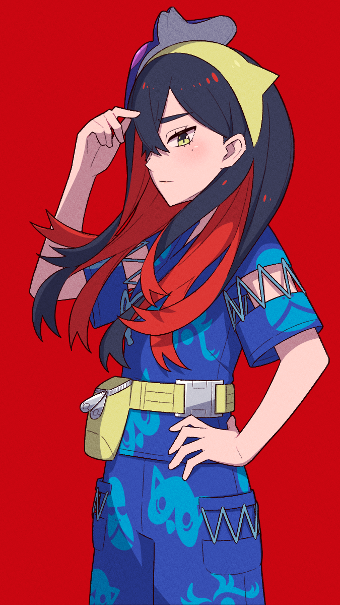 1girl, black_hair, blue_shirt, blue_shorts, carmine_(pokemon), closed_mouth, commentary_request, cowboy_shot