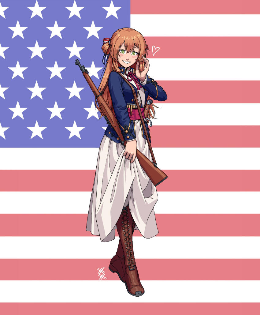 absurdres, american_flag, american_flag_background, american_flag_print, ammunition, blue_shirt, blush, bolt_action