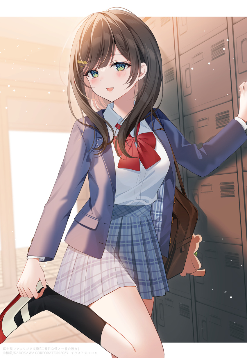 1girl, :d, bag, black_socks, blazer, blue_jacket, blush, bow