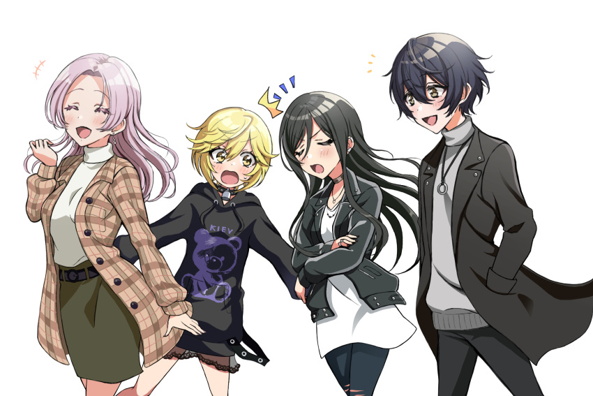 4girls, aoyagi_tsubaki, bakkanda, black_hair, black_jacket, blonde_hair, blush, brown_eyes, brown_hair, closed_eyes, d4dj, highres, jacket, long_hair, miyake_aoi, multiple_girls, open_mouth, pink_hair, rondo_(d4dj), short_hair, smile, tsukimiyama_nagisa, white_background, yano_hiiro, yellow_eyes