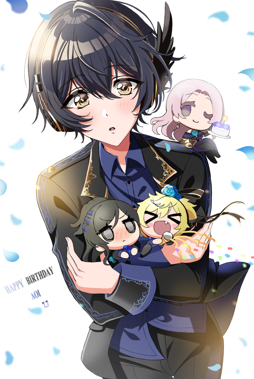 4girls, absurdres, androgynous, aoyagi_tsubaki, bakkanda, black_hair, blonde_hair, blue_petals, brown_eyes, brown_hair, cake, character_name, d4dj, food, grey_eyes, happy_birthday, highres, looking_at_viewer, miyake_aoi, multiple_girls, pink_hair, rondo_(d4dj), short_hair, tsukimiyama_nagisa, white_background, yano_hiiro