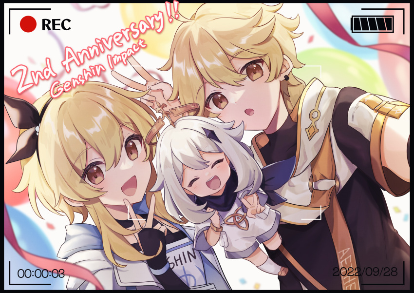 1boy, 2girls, :o, absurdres, aether_(genshin_impact), aether_(guilin)_(genshin_impact), anniversary, battery_indicator