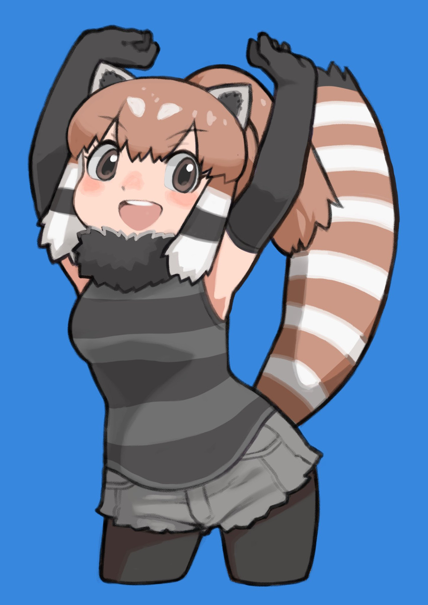 1girl, animal_ears, black_hair, blue_background, brown_eyes, brown_hair, elbow_gloves, extra_ears