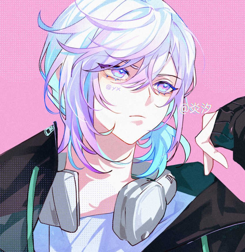 1boy, androgynous, black_jacket, blue_eyes, blue_hair, closed_mouth, expressionless, headphones