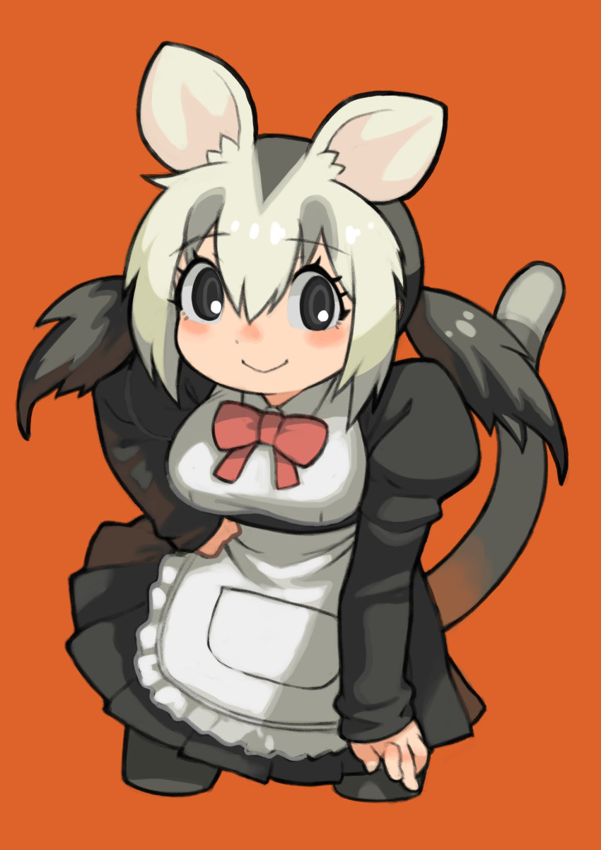1girl, animal_ears, apron, black_eyes, black_hair, bow, bowtie, extra_ears