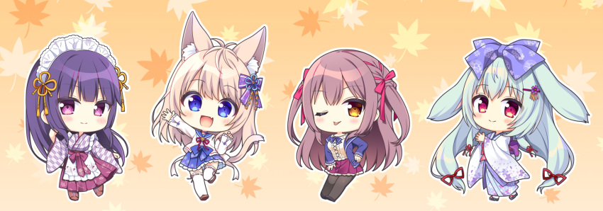 4girls, :d, ;p, animal_ear_fluff, animal_ears, apron, autumn_leaves, black_footwear