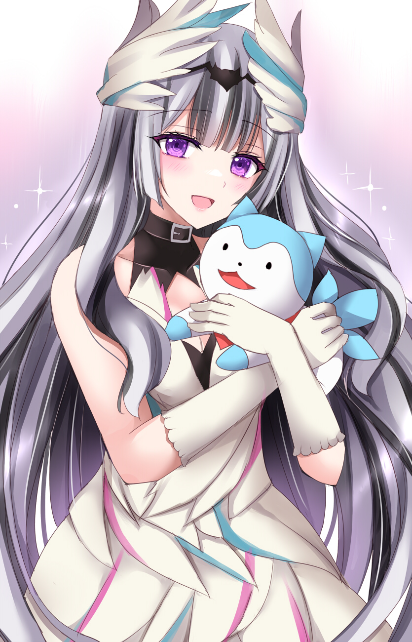 1girl, animal, black_choker, black_hair, blush, bridal_gauntlets, choker, dog