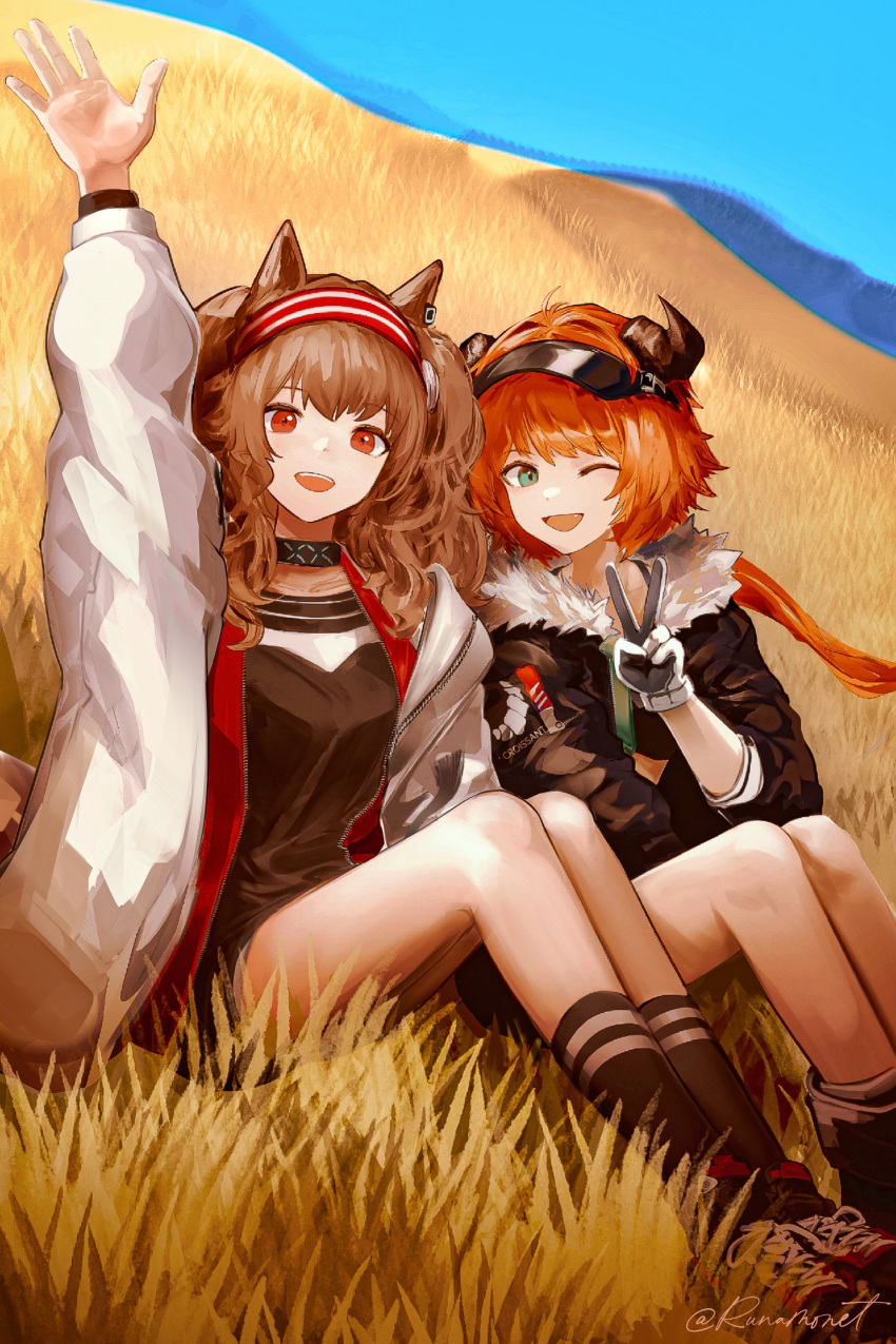 2girls, absurdres, angelina_(arknights), animal_ears, arknights, black_dress, black_gloves, black_jacket
