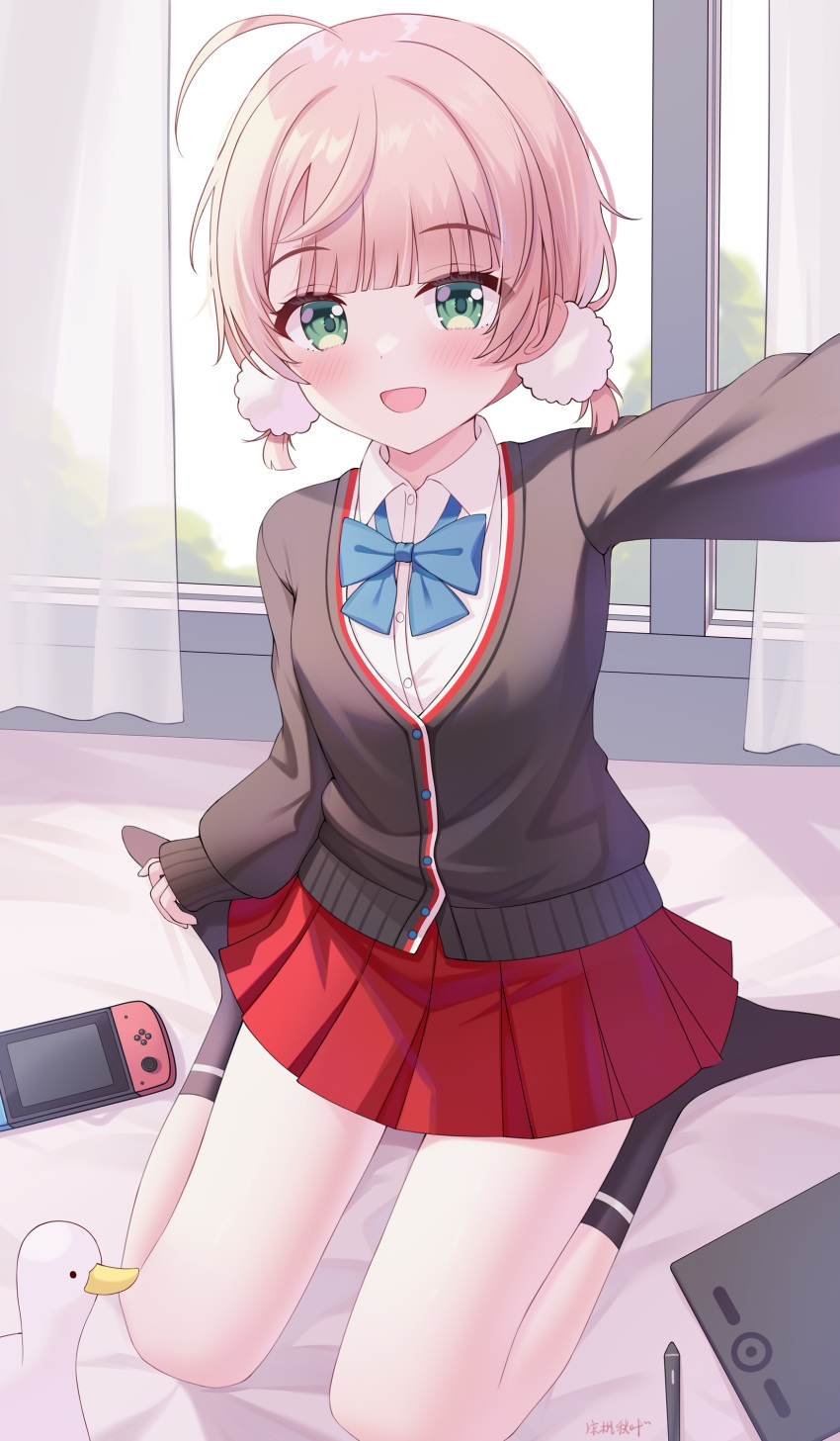 1girl, :d, absurdres, animal, bird, black_cardigan, black_socks, blue_bow, blunt_bangs, blush, bow, cardigan, collared_shirt, commentary_request, curtains, day, drawing_tablet, dress_shirt, duck, green_eyes, highres, indie_virtual_youtuber, indoors, liang_feng_qui_ye, light_brown_hair, low_twintails, no_shoes, pleated_skirt, reaching, reaching_towards_viewer, red_skirt, selfie, shigure_ui_(vtuber), shirt, sitting, skirt, smile, socks, solo, stylus, transparent, twintails, virtual_youtuber, wariza, white_shirt, window