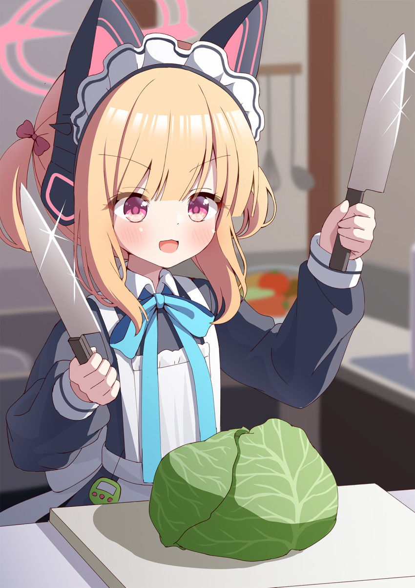 1girl, animal_ear_headphones, animal_ears, apron, aqua_ribbon, azel_(laevateinn495), blue_archive, blush