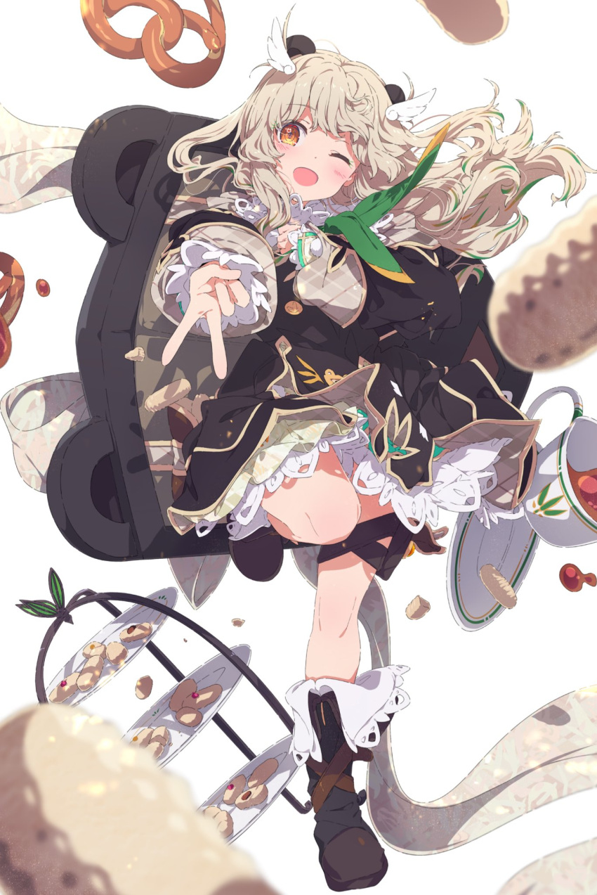 1girl, amatsuna_sasaha, animal_ears, blush, boots, brown_hair, cookie, cup, feather_hair_ornament, feathers, food, hair_ornament, highres, indie_virtual_youtuber, leg_up, light_brown_hair, long_hair, ogipote, one_eye_closed, open_mouth, shield, shield_on_back, solo, standing, standing_on_one_leg, teacup, v, virtual_youtuber, white_background