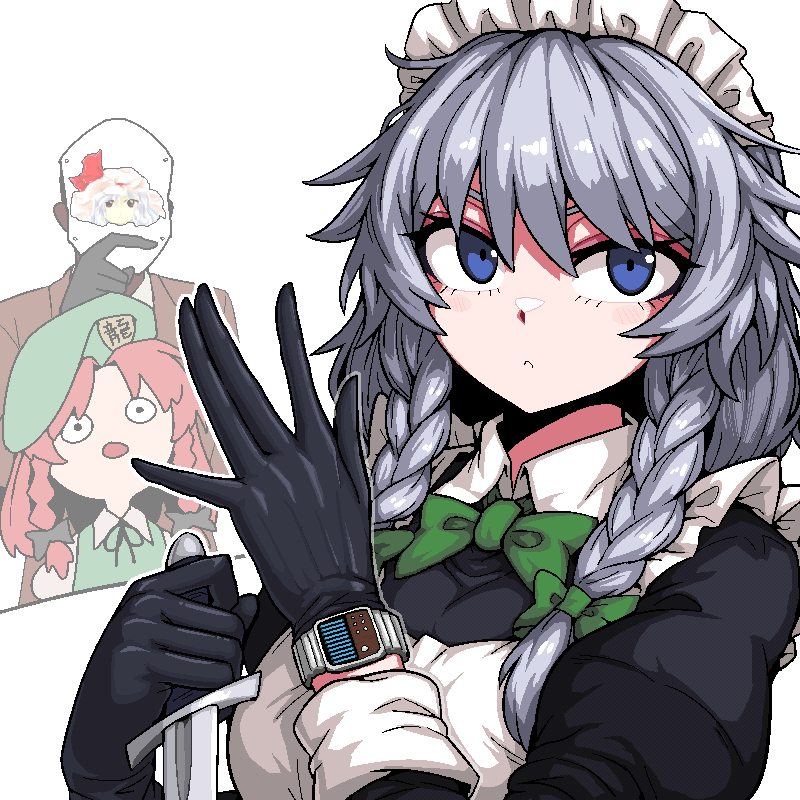1other, 2girls, apron, black_dress, black_gloves, blue_eyes, braid, character_mask