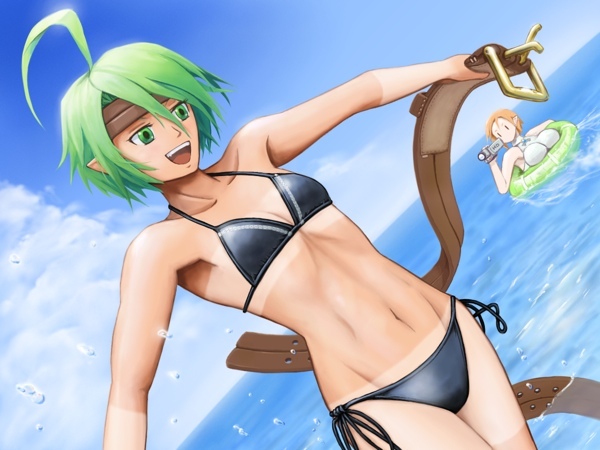belt, bikini, camera, disgaea, dutch_angle, green_eyes, green_hair, headband
