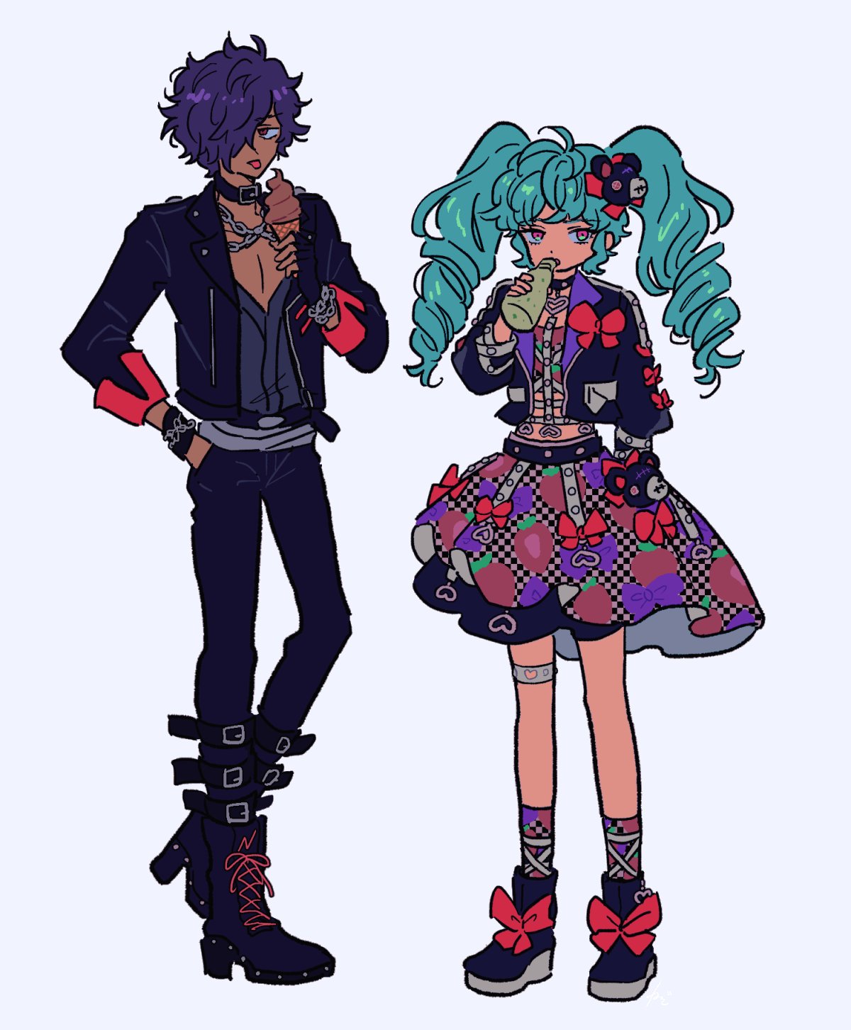 1boy, 1girl, black_collar, black_footwear, black_gloves, black_pants, blue_hair, boots