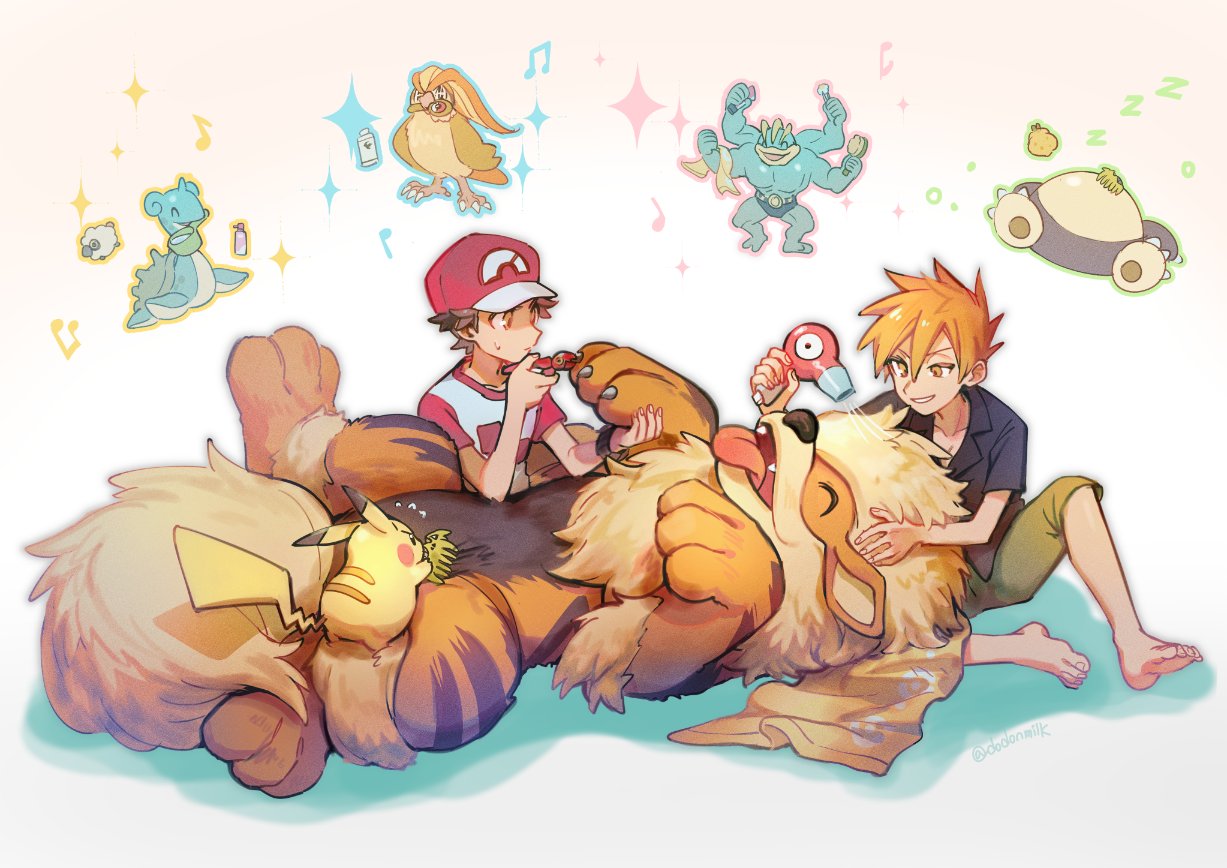 2boys, arcanine, barefoot, black_shirt, blue_oak, collared_shirt, comb, flying_sweatdrops